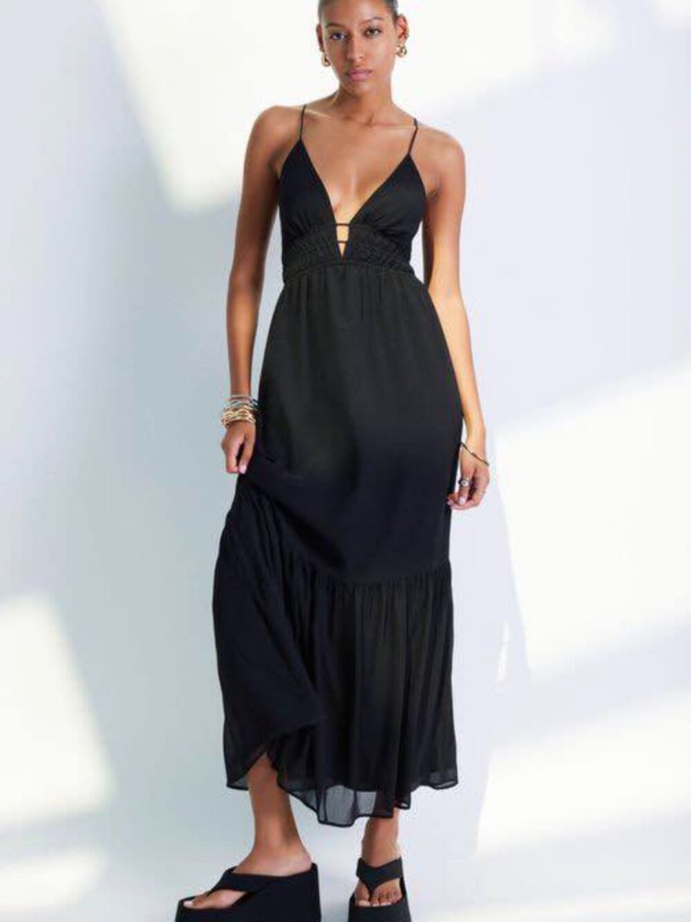 DYNAMITE DEEP V-NECK TIERED MAXI DRESS